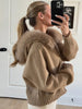Casual Knit Hoodie Cardigan Women Long Sleeves Zipper Faux Fur Patchwork Coats Female Autumn Winter Solid Thick Knitwears