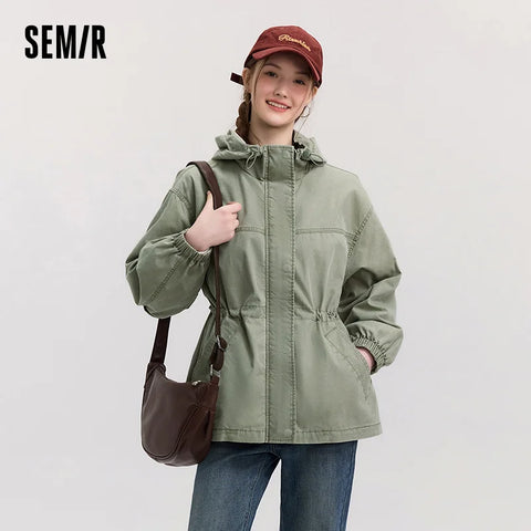 Denim Jacket Women Mid-Length Loose Hooded Spring Waist-Cinching Coat Retro Design for Outfits
