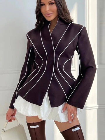 Curved Stitching Women Jacket Long Sleeve Slim Fitted Blazer Open Front Waist Truncated Outerwear Elegant Office Commuter Jacket