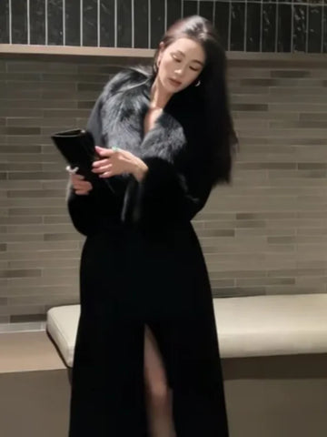 Retro Black Fur Patchwork Woolen Coat Women Chic Full Sleeve V-neck Lace Up Loose Long Overcoats Winter Commute Outerwears
