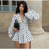 Polka Dot Puff Sleeve Dress Women's V-neck Waist Cinching Pleated Mini Dresses Spring Lady Elegant Casual Wear