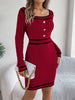 Autumn Winter Casual Elegant Square Collar Button Decoration Knitted Dress Long Sleeve Bodycon Dress for Women