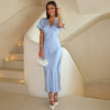 Elegant Printed Satin Long Dress Women Slim Lace Up V-neck Full Sleeve Pleat Dresses Autumn Lady Party Evening Robes