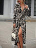 Elegant Random Print Button Down Shirt Dress Women's Long Sleeve Belted Waist Midi Dress Spring Fall Office Casual Dress