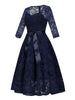 Sweetheart Neck Elegant Lace Long Swing Dress Women 3/4 Length Sleeve Belted Spring Autumn Vintage Ladies Midi Dresses