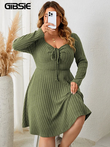 Plus Size Sweettheart Neck Knot Front A-Line Dress Women Fall Vintage Long Sleeve Ribbed Knit Casual Winter Dresses