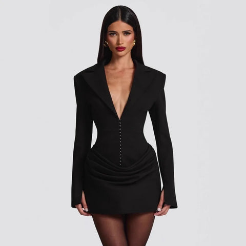 Strong Shoulder Blazer Dress for Women Winter Belted Waist Dress Draped Hem Business Evening Dress Party