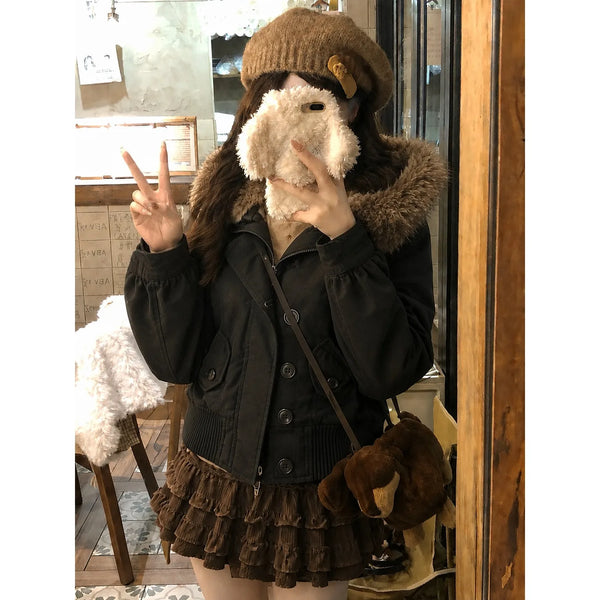 American Vintage Faux Fur Wool Zipper Jacket Hoodies Women's Overcoats Hooded Vintage Y2k Coats Ropa Casual Sweatshirt