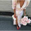 Elegant Ruffle Women's Long Dresses V Neck Half Sleeve Button Waist Cinching Pleated Dress Spring Lady Party Robes