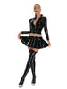 Women Glossy 2-piece PU Leather Club Outfits Long Sleeve Front Zipper Crop Jacket and Pleated Miniskirt Set for Pole Dance Raves