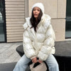 Casual Women's Glossy Hooded Cotton Coats Puffy Stand Collar Zipper Long Sleeve Warm Jackets Winter Lady Down Jacket