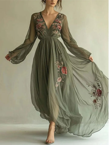 Vintage Pattern Printed Long Sleeve Dress Women Sexy V Neck Pleated Long Dresses Bohemian Style Spliced Vestidos Para Mujer