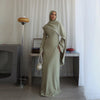 White Pearl Trim Cape Maxi Dress Women Elegant Long Sleeve Cinching Waist Muslim Robes Spring Eid Abaya Lady Dresses