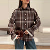 Plaid Short Trench Coat Women Lapel Collar Double Breasted Belted Waist Long Sleeve Loose Jacket Autumn Casual Chic Coats