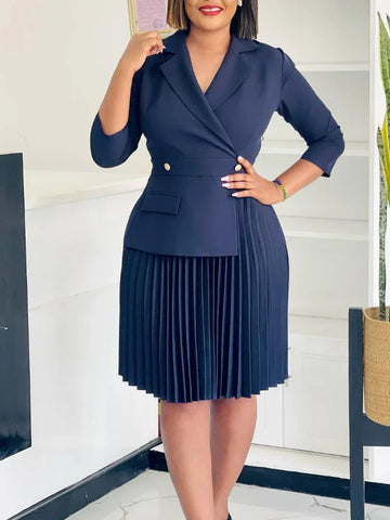 Elegant Dresses for Women Blazer Turn Down Collar Pleated Modest Church Office Ladies Work Wear Female African Slim Autumn