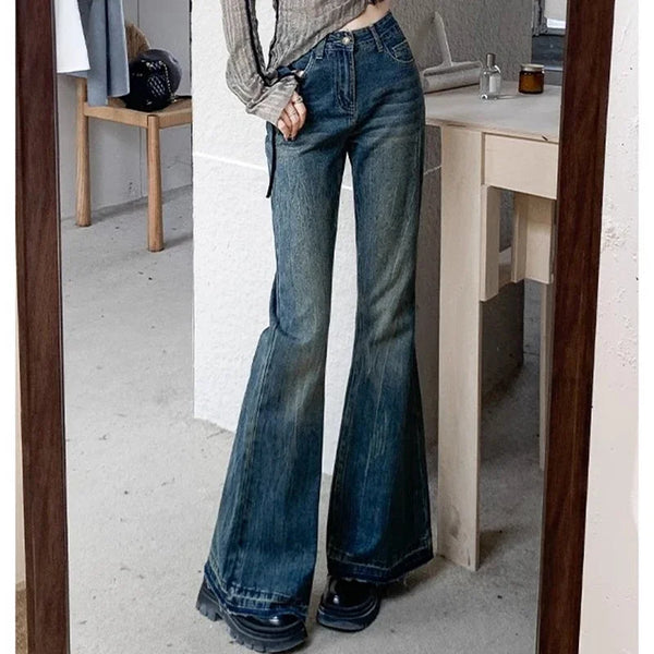 Woman High Waist Vintage Casual Flare Jeans Girls Elastic Slim Fit Bell Bottom Pants Lady Blue Black Grey Denim Trousers
