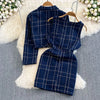 Autumn Dress Suit Women Korean Chic Blue Tweed Jacket + Vest Dress Elegant 2 Piece Set Long Sleeve Cropped Coat