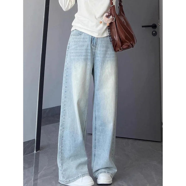 Washed Vintage Straight Jeans Women Versatile Casual High Waisted Light Blue Denim Pants Woman Streetwear Wide Leg Trousers