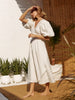 100% Cotton V-neck Waist Cinched Dress Unique Lantern Sleeve Sexy Slit Long Skirt Women's Casual Dresses