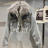 Real Fur Denim Jacket Women Autumn Fried Street Style Natural Fox Fur Collar + Rabbit Fur Liner Warm Rivet Short Jean Coat