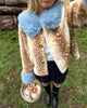 Women Deer Print Faux Fur Cropped Coats Blue Contrast Lapel Cuff Button Up Fluffy Warm Coat Winter Casual Chic Wear