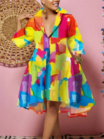 Women Sexy Printed Shirt Dresses Chic V Neck Loose Long Sleeve Dress Causal Vacation Female Mini Vestidos Robe Clothing