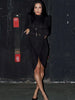 Elegant Hollow Dress Women Turtleneck Ruched Patchwork Full Sleeve Irregular Hem Skinny Stretch Party Club Bodycon