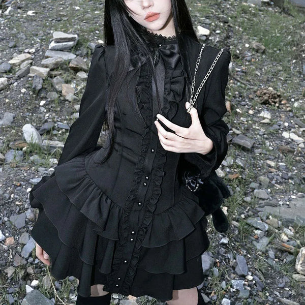 Black Gothic Y2K Mini Dress Women Sexy Spicy Girls Slim Fit Design Lolita Dresses Autumn Punk Vintage Long Sleeve Cake Dress