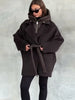 Dark Brown Hooded Hybrid Belted Jacket Oversize Long-Sleeve Spring Elegant Women Outerwear Office Casual Overcoat