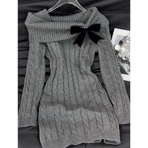 Gray Off Shoulder Bow Knit Sweater Dress Women Harajuku Vintage Slim Fit Hip Hugging Mini Dress Autumn Winter Casual Clothes