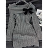 Gray Off Shoulder Bow Knit Sweater Dress Women Harajuku Vintage Slim Fit Hip Hugging Mini Dress Autumn Winter Casual Clothes
