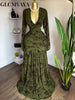 Women Floral Velvet Long Sleeve Wrap V-neck Stacked Ruched Mermaid Maxi Dress Birthday Holiday Long Dresses Vestidos