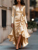 Irregular Hem Dress Woman's Spring Autumn Elegance Satin Deep V-neck Lace-up Robe Lady Foreign Style Party Prom Vestidos