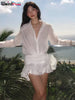 Tierred Dress Woman Autumn See-Through Solid Turn-Down Collar Shirt Ruffles Chic Long-Sleeve Chiffon Bodycon