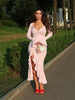 Flare Long Sleeve Ruffle Sexy Maxi Dress Women Autumn Pink V Neck Single-breasted High Waist Club Long Dresses Female