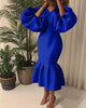 Women Evening Dress Solid Full Puff Sleeve V-neck Long Maxi Trumpet Dresses Vintage Party Vestidos Fall Outfit