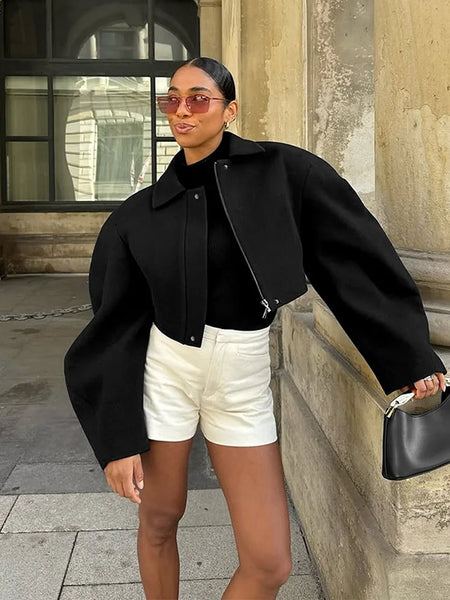 Simple Lapel Cropped Bomber Jackets For Women High Street Long Sleeve Zipper Coats Elegant Casual OL Outerwear
