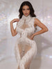 Sparkly Pearl Tassel Mesh See Through Long Dress Women Sexy Birthday Prom Party Nightclub Singer Stage Costume