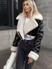Women Faux Leather Thicken Short Jacket Vintage Front Zipper Lapel Long Sleeve Coat Winter Women Warm Casual Outerwear