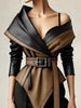 PU Faux Leather Jacket for Women's One Shoulder Splice Irregular Hem Long Sleeve Leather Coat Casual Vintage Elegant Jacket Belt