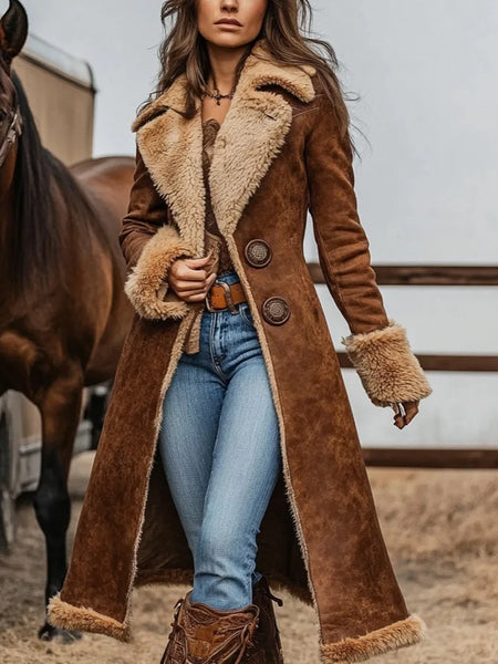 Vintage Women's Coat Brown Western Denim Plush Autumn And Winter Warm Coat Outdoor Windproof Slim Fit Windbreaker