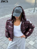 Solid Glossy Zipper Hooded Coats Women's Warm Elastic Waist Pleated Short Cotton Jacket Winter Lady High Street Outwear
