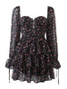 Women Sexy Cross Bandage Black Flower Print Puff Long Sleeve Dress 3 Layer Wood Ears Ruffles Hem Cake Mini Holiday Robe