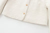 Women's Tweed Crop Jacket with Golden Buttons, O Neck, Long Sleeve Coat, Female Outerwear, Chic Tops