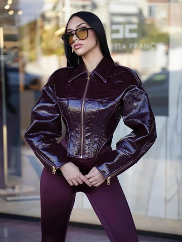 Women Coated Cinched-waist Leather Jacket Retro Casual Lapel Full Sleeve Zipper Fishbone Coats Lady Daily High Street Coat