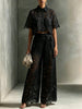 Elegant Women's Sets Sexy Lace Hollow Shirt Short Top + Wide-leg Pants Two Piece Set Women Suits Solid Color Sets Female