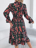 Elegant Floral Print Dresses for Women Autumn Winter Casual V Neck Flare Long Sleeve Ruffled A Line Dress