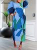 O-Neck Long Lantern Sleeve Loose Mid Dress Women Print Patchwork Pleated Gown Evening Holidays Festivals Birthday Robe