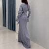 Lady Casual Long Sleeve Pleated Floor Length Dress Hight Waist Slim Party Dress Elegant O-neck Patchwork Irregular Gowns