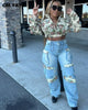 Washed Denim Women's Set Full Sleeve Floral Jacket and Pockets Cargo Jeans Pants Suit Street Two 2 Piece Set Outfit